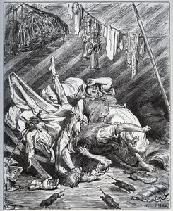 Don Quixote og en muldyrmager kæmper for Maritornes, husholdersken, som Don Quixote tager for sin Dulcinee - fra "Don Quixote de la Mancha" af Miguel Cervantes (1547-1616) (Don Quixote) - Træsnit efter tegning af Gustave Dore af Gustave Dore