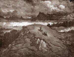Don Quixote og sancho Panza nærmer sig Sierra Morena Gravering af Gustave Dore (1832-1883) til "L