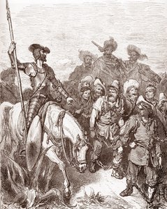 Don Quixote og sancho Panza forhører de kriminelle, der bliver ført til kabyssen. Gravering af Gustave Dore (1832-1883) for "L