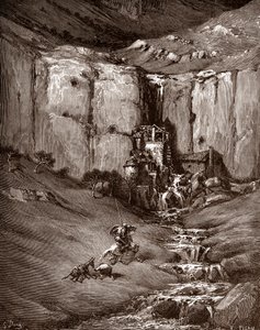 Don Quixote og sancho Panza ser et vandfald og larmende kroge (Don Quixote og sancho Panza ser et vandfald og larmende kroge) Gravering af Gustave Dore (1832-1883) til "The Ingenieux Hidalgo Don Quixote de la Mancha (Quixotte - Quijote)" af Miguel de Cerva af Gustave Dore