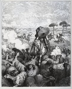 Don Quixote angriber en flok får i den tro, at han havde at gøre med hæren af Alibanfaron af Taprobana - fra "Don Quixote de la Mancha" af Miguel Cervantes (1547-1616) (Don Quixote) - Træsnit efter tegning af Gustave Dore af Gustave Dore