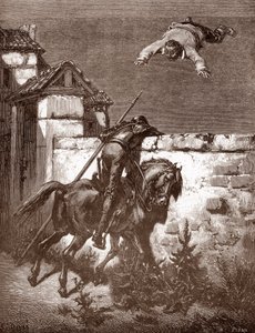 Don Quixote formår ikke at stoppe affyrerne af Sancho Panca, som får ham til at hoppe på et tæppe (Don Quixotes remonstrationer formår ikke at påvirke kasterne) Gravering af Gustave Dore (1832-1883) til "L