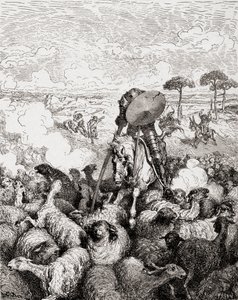 Don Quixote kæmper mod fåreflokken, fra Die Gartenlaube, pub. 1905 af Gustave Dore