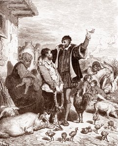Don Quixote overtaler sin nabo Sancho Panza til at blive hans væbner ved at love at gøre ham til guvernør på en erobret ø. Gravering af Gustave Dore (1832-1883) for "L