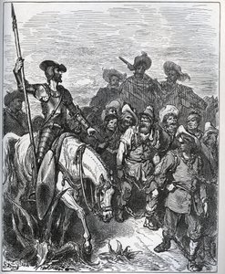 Don Quixote stiller spørgsmålstegn ved kræfterne om årsagerne til deres overbevisning - fra "Don Quixote de la Mancha" af Miguel Cervantes (1547-1616) (Don Quixote) - Træsnit efter tegning af Gustave Dore af Gustave Dore