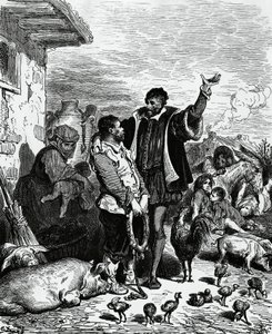 Don Quixote tager Sancho Panza fra sit hjem og udnævner ham til guvernør, illustration af Gustave Dore