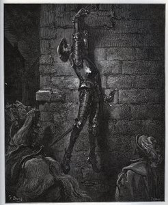 Don Quixote fanget af kroejerens datter og Maritornes, forbliver suspenderet fra et vindue. - fra “Don Quixote de la Mancha” af Miguel Cervantes (1547-1616) (Don Quixote) - Træsnit efter tegning af Gustave Dore af Gustave Dore
