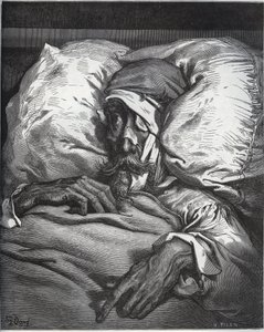 Don Quixote såret - fra "Don Quixote de la Mancha" af Miguel Cervantes (1547-1616) (Don Quixote) - Træsnit efter tegning af Gustave Dore af Gustave Dore