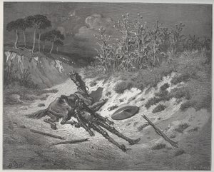 Don Quixotes sår beder om misericorde og hjælp fra hans fantasifigurer - fra "Don Quixote de la Mancha"" af Miguel Cervantes (1547-1616) (Don Quixote) - Træsnit efter tegning af Gustave Dore af Gustave Dore