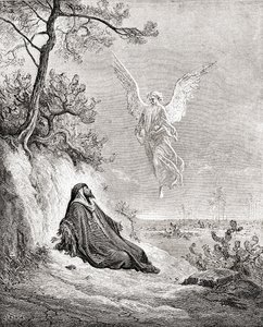 Elias næret af en engel. Efter et værk fra Bibelen af Gustave Dore. From Life and Reminiscences of Gustave Dore, udgivet 1885. af Gustave Dore