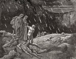 Gravering af Gustave Dore 1832-1883 Fransk kunstner og illustrator til Inferno af Dante Alighieri Canto XV linje 28 og 29 af Gustave Dore