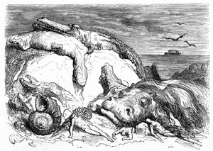 Gravering af Gustave Dore omkring 1850: fremkaldelse af en apokalyptisk syndflod, der kombinerer bibelsk tradition (man kan i det fjerne se Noes ark på havet) og begyndelsen på videnskabelig viden (forskellige uhyrlige dyr mislykkedes på bjerget, præf. af Gustave Dore