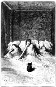 Kobberstik af Gustave Dore, der illustrerer Theophile Gautiers roman "Kaptajn Fracasse". Charpentier-udgave 1863. I baron de Sigognacs residens, "Chateau de la Misere", fandt en flok komikere tilflugt. Tre skuespillerinder faldt i søvn i en l af Gustave Dore
