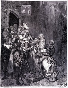 Gå ind i denne kro, tallerken IV - Illustration af Gustave Dore (1832-1883), til La legende du Jeif wandering af Pierre Dupont, udgave Librairie du magasin picturesque, Paris 1862 af Gustave Dore