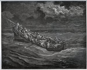 Flugt fra Zoraide med fangen i båden fuld af flugter fra Algier til Spanien - fra "Don Quixote de la Mancha"" af Miguel Cervantes (1547-1616) (Don Quixote) - Træsnit efter tegning af Gustave Dore af Gustave Dore