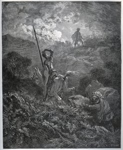 Første tilsynekomst af Deguenille-de-la-Malaise-minen - fra "" Don Quixote de la Mancha"" af Miguel Cervantes (1547-1616) (Don Quixote) - Træsnit efter tegning af Gustave Dore af Gustave Dore