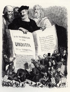 Frontispice af udgaven af 1854 - I selskab med antikke og moderne forfattere præsenterer Rabelais sin anden roman - illustration fra 