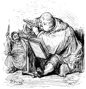 Gargantua-uddannelse: Den unge herre lærer at spille fløjte med sin musiklærer. Kobberstik af Gustave Dore, der illustrerer Rabelais