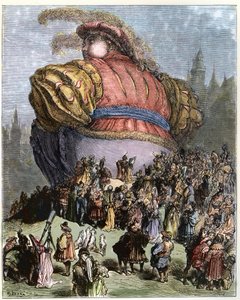 Gargantua besøger Paris - Befolkningen i Paris undrer sig over Gargantua - illustration fra 