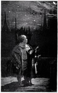 Gargantuas uddannelse: Om natten, sammen med en astronom, observerer den unge kæmpe stjerner, stjerner og kometer på nattehimlen. Kobberstik af Gustave Dore, der illustrerer Rabelais