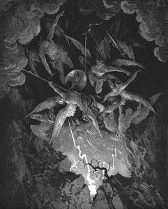 Gustave Dore-illustration til John Miltons episke digt, der dramatiserer syndefaldet, Paradise Lost (1667), bog VI. De oprørske engle falder gennem bruddet i himlens mur og styrter ned i helvede. Træsnit 1866 af Gustave Dore