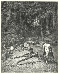 Gustave Dores Don Quixote: "En eng, vandet med en å, inviterede dem til at stige af" (gravering) af Gustave Dore