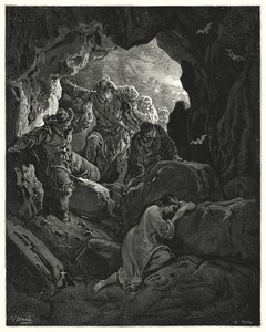 Gustave Dores Don Quixote: "En fest med betjente sendes ud ... som finder den fattige forelskede Leandra i en hule i et af bjergene" (gravering) af Gustave Dore