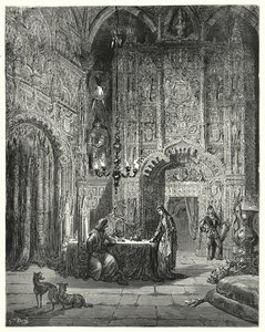Gustave Dores Don Quixote: "En anden pige kommer ind i rummet og begynder at fortælle ham, hvilket slot det er, og hvordan hun er fortryllet i det" (gravering) af Gustave Dore