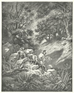Gustave Dores Don Quixote: "Men bed, sir," citerer Sancho, "er det en god lov om ridderlighed, der siger, at vi skal vandre op og ned, over buske og tårne, i denne klippefyldte ørken?" (gravering) af Gustave Dore
