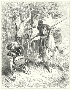 Gustave Dores Don Quixote: "Ved solen, der skinner, har jeg et godt sind til at køre dig gennem kroppen med min lanse" (gravering) af Gustave Dore