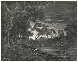 Gustave Dores Don Quixote: "Don Quixote, ledsaget af sit frygtløse hjerte, sprang over Rozinante" (gravering) af Gustave Dore