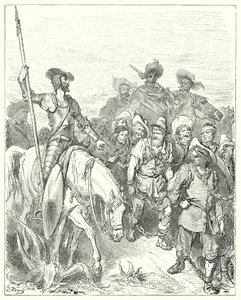 Gustave Dores Don Quixote: "Don Quixote spurgte den første om hvilke forbrydelser han var under disse elendige omstændigheder" (gravering) af Gustave Dore