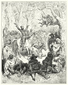 Gustave Dores Don Quijote: "Don Quixote, monteret på Rozinante, erklærer meget rigeligt imod deres måde at leve på" (gravering) af Gustave Dore