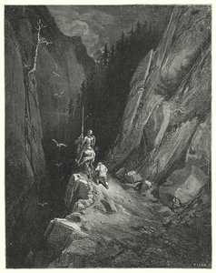 Gustave Dores Don Quixote: "Don Quixote blev transporteret med glæde for at finde sig selv, hvor han kunne smigre sin ambition med håbet om nye eventyr" (gravering) af Gustave Dore