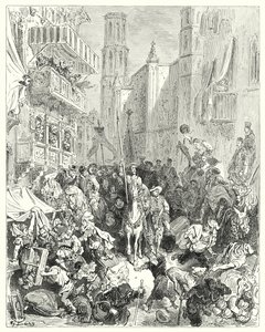 Gustave Dores Don Quixote: "Ved at omslutte ham i midten af deres brigade førte de ham mod byen" (gravering) af Gustave Dore