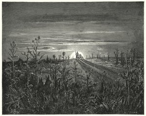Gustave Dores Don Quixote: "Ven Sancho," sagde Don Quixote, "jeg finder ud af, at den kommende nat vil overhale os, før vi kan nå Toboso" (gravering) af Gustave Dore