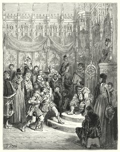 Gustave Dores Don Quixote: "Guvernør Sancho Panza administrerer retfærdighed" (gravering) af Gustave Dore