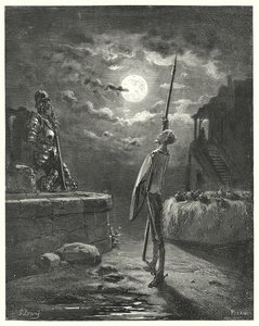 Gustave Dores Don Quixote: "Han begyndte at gå rundt ved hestetruget med en yndefuld opførsel" (gravering) af Gustave Dore