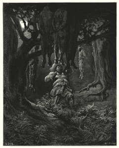 Gustave Dores Don Quixote: "Han råbte til Don Quixote om hjælp" (gravering) af Gustave Dore