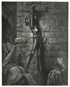 Gustave Dores Don Quixote: "Han var uundgåeligt faldet til jorden, havde hans håndled ikke været forsvarligt fastgjort til rebet" (gravering) af Gustave Dore