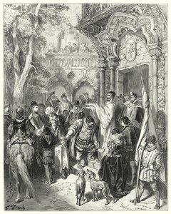 Gustave Dores Don Quixote: "Han kyssede hertugen og hertugindens hånd ved afskeden og modtog sin herres velsignelse" (stik) af Gustave Dore