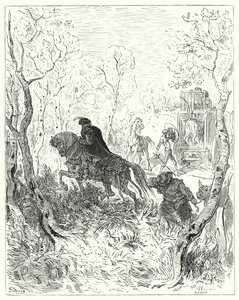 Gustave Dores Don Quixote: "Han postede sig lige før døren til buret" (gravering) af Gustave Dore
