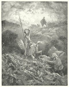 Gustave Dores Don Quixote: "Han spionerede på toppen af en stenet klippe lige foran ham en mand, der sprang fra klippe til klippe med vidunderlig smidighed" (gravering) af Gustave Dore