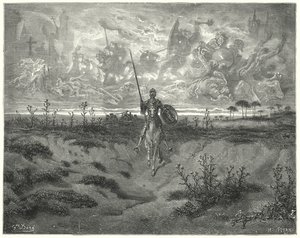 Gustave Dores Don Quixote: Han rejste næsten hele den dag (gravering) af Gustave Dore