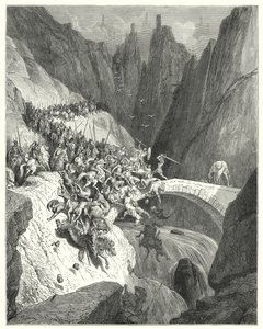 Gustave Dores Don Quixote: "Hvordan Don Diego Garcia med sin eneste styrke forsvarede passagen af en bro mod en stor hær" (gravering) af Gustave Dore