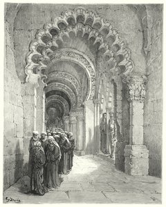 Gustave Dores Don Quixote: "Jeg så en sørgelig procession af smukkeste piger, alle i sort" (gravering) af Gustave Dore