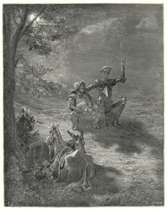 Gustave Dores Don Quixote: "I sådanne taler passerede de en stor del af natten" (gravering) af Gustave Dore