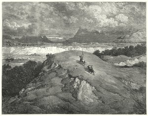 Gustave Dores Don Quixote: "Det var nat før vores to rejsende nåede til den mest ørkende del af bjerget" (gravering) af Gustave Dore