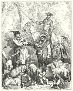 Gustave Dores Don Quixote: "Foretag skift for at holde din mave med det, indtil middagen er klar" (gravering) af Gustave Dore