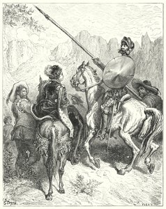 Gustave Dores Don Quixote: "Nu, frue," sagde Don Quixote, "lad mig bede din storhed om at fortælle mig, hvilken vej vi skal gå, for at tjene dig" (gravering) af Gustave Dore